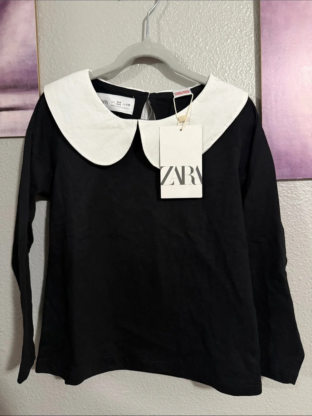 Zara collared t shirt blouse girl 5/6 years Black new cotton